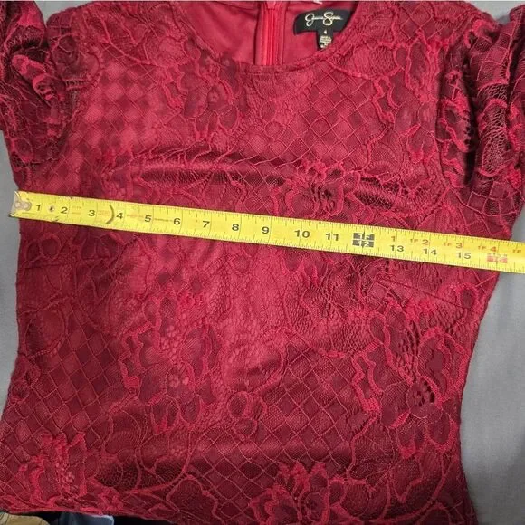 Jessica Simpson Burgundy Lace Overlay 3/4 Sleeve Midi Dress Sz 4 - Picture 12 of 12